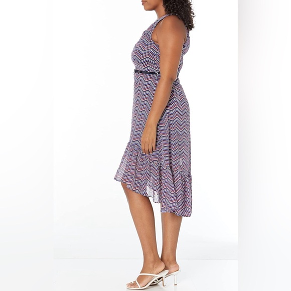 Tommy Hilfiger Chevron Print High Low Ruffle Hem Belted Halter Dress Size 16 - Picture 3 of 12